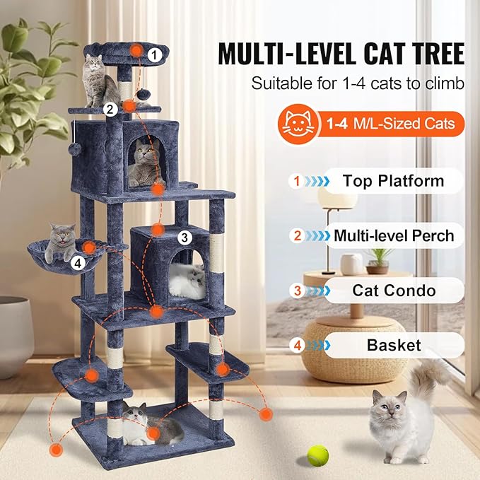 Happybuy Cat Tree for Indoor Cats, 68.5" Cat Tower with 2 Cat Condos, Sisal Scratching Post, Hammock, Top Perch, Jumping Platforms, Large Cat Furniture Activity Center with Hang Ball, Dark Grey