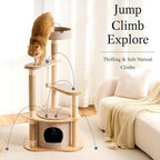 797Audio Modern Wood Cat Tree Tower, 46" Aesthetic Cat Tree with Natural Pine Wood Scratching Posts and Condo for Adult Cats, Solid Rubber Wooden & Linen Cat Tree,Multi-Level Tree for Indoor Cat