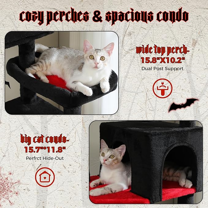 PETEPELA Cat Tree, 69-Inch Gothic Cat Tower for Indoor Large Cats with Super Large Hammock, Tall Cat Climbing Tree Tower with Scratching Posts, Cozy Condo House and Top Perch, Black
