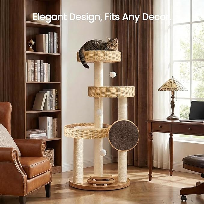 Solid Wood Cat Tree for Large Cats, 48-Inch Modern Cat Tower with Hand-Woven Baskets, Multi-Level Cat Condo with Sisal Scratching Posts, Sturdy Indoor Cat Furniture for Big Cats up to 20lbs