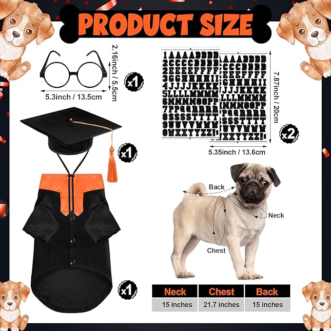 5 Pcs Dog Graduation Costume Set Include 2026 Pet Graduation Gown with Stole Puppy Grad Cap Lensless Glasses DIY Letter Stickers for Dogs Cats Holiday Costume Accessory(Black Orange,M)