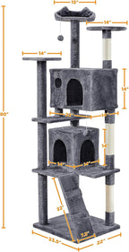 Yaheetech XL Cat Tree, 80in Multi-Level Tower With Scratching Posts, Double Caves, Perched Platforms and Dangling Balls, Stand House for Kittens Pet, Dark Gray