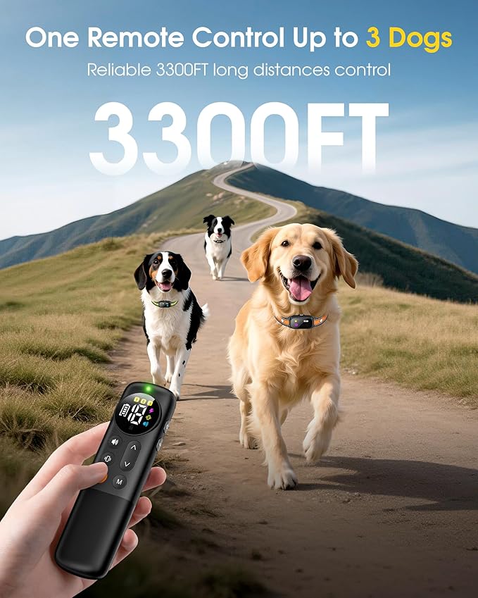 3 Dogs Shock Collar with Remote Control - 3300FT Long Range IPX7 Waterproof Dog Training Collar, Rechargeable 3-Channel E Collar with Beep Vibration & Shock for 10–120 lb Small, Medium & Large Dogs