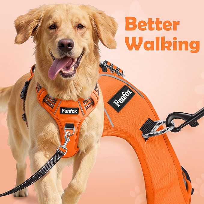 Funfox Dog Harness No Pull, Adjustable Pet Vest Harness, Super Soft Material with Vertical Handle Easy Control, Reflective Night Walking, 2 Leash Clips for Small Sized Dogs, Orange, S