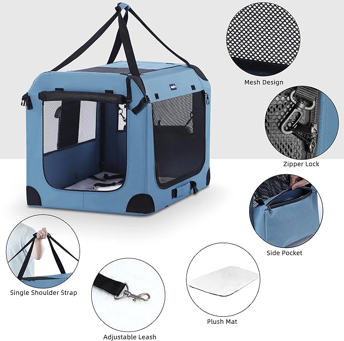 Petprsco Soft Collapsible Dog Crate, 40 inch Portable Dog Crates for Large Dogs, XL Dog Crate for Travel, 3 Door Foldable Pet Kennel with Durable Mesh Windows Indoor & Outside