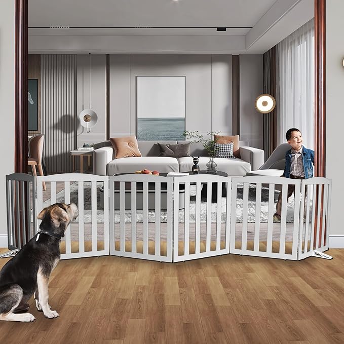 Freestanding Dog Gate Indoor,Doggie Gate Foldable Pet Gates for Doorways,Stairs or Hallways, Wooden Grey Pet Gate for the House, Pet Fence with Support Feet Included,24 "Height-6 Panels