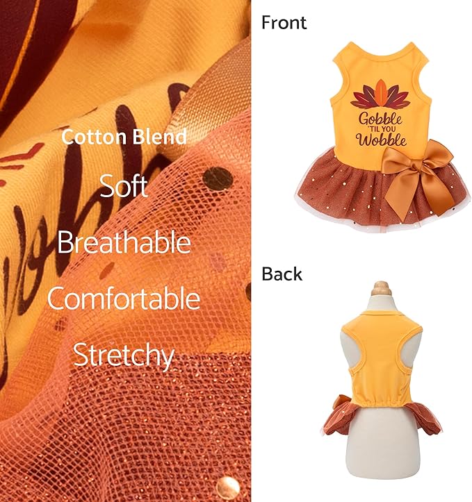 Fitwarm Gobble 'til You Wobble Dog Dress, Funny Thanksgiving Outfit for Small Dogs Girl, Festive Pet Clothes, Yellow, Orange, XS