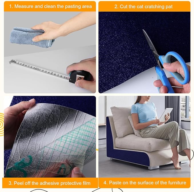 Cat Scratching Mat Self-Adhesive, 78.7'' x 15.8'' Trimmable Cat Scratch Pads Furniture Protector, DIY Climbing Cats Scratching Carpet for Couch, Door Frame or Wall Corner Protector (Dark Blue)