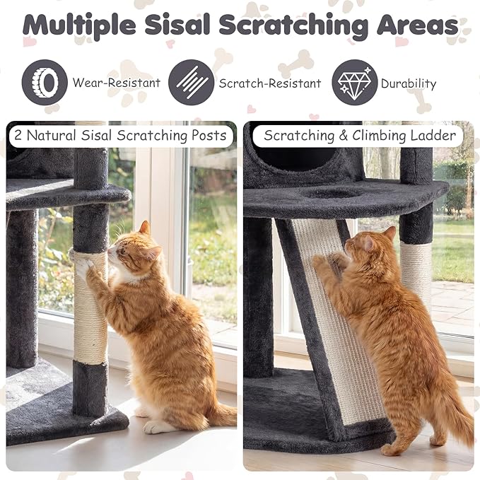 Tangkula Corner Cat Tree, Multi-Level Cat Tower with Top Perches & Cozy Condo, Natural Sisal Scratching Posts & Climbing Ladder, Playful Cat Hole & Hanging Balls, Climbing Play Center (Dark Gray)