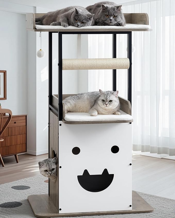 Wood Modern Cat Tree Tower for Indoor Large Cats,48-Inch Tall Wooden Cat Trees with Big Perch Bed, Multi-Level Condo with Scratching Board and Posts, Removable Pads, Cat Furniture, Greige
