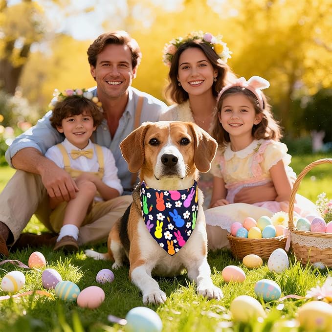 Easter Dog Bandana for Medium Large Dogs - Reversible Navy Bunny & Pastel Stripes Scarf, Cute Pet Accessory for Spring Gift (14-18" Neck)