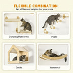 PawHut 8Pcs Wall Mounted Cat Tree Cat Shelf Set, Wall Furniture with Cat Hammocks, Condo, Perches, Steps, Modern Cat Tree for Indoor Cats
