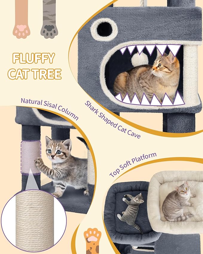 62.6" Cat Tree for Indoor Cats, Cat Tower, Multi-Level Cats Condo with 8 Scratching Posts, 3 Platforms, 2 Caves, Basket, Plush Balls, Sisal Rope, Anti-Tip Kit, Dark Grey MS15918SG