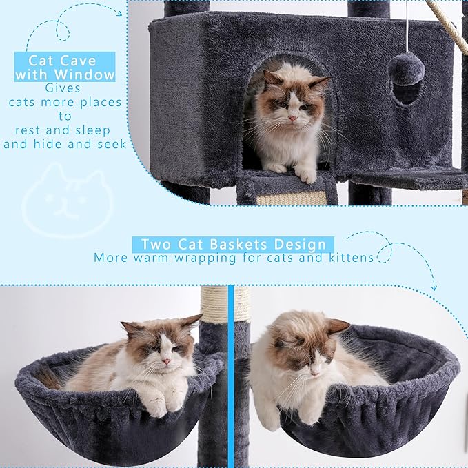 Hey-brother Cat Tree, 98.4-110.2 Inches Floor to Ceiling Cat Tree-Adjustable Height, Tall Cat Climbing Tower for Cats Large Adult with Scratching Post, Cat cando, Smoky Gray 0MPJ091G