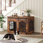 Dog Crate Furniture, 31.5" Farmhouse Dog Kennel with Sliding Barn Door, Wooden Dog Cage for Small Medium Dogs, Decorative Pet House Side End Table, Chew-Resistant, Rustic Brown DCHR9601