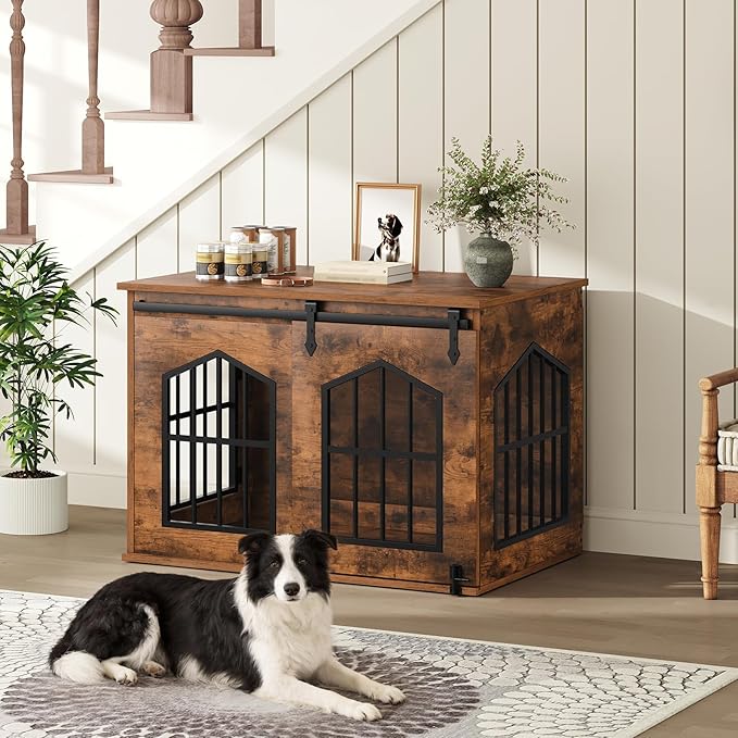 Dog Crate Furniture, 31.5" Farmhouse Dog Kennel with Sliding Barn Door, Wooden Dog Cage for Small Medium Dogs, Decorative Pet House Side End Table, Chew-Resistant, Rustic Brown DCHR9601