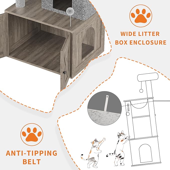 Cat Tree with Litter Box Enclosure, 2-in-1 Modern Cat Tower with Scratching Posts, Multiple Platform and Large Condo, Multilevel Indoor Kitten House, Grey