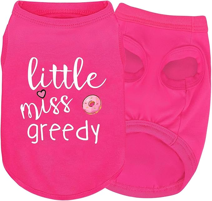 Pink Cotton Dog Shirt with 'Little Miss Greedy' Print, Soft & Breathable Pet Apparel for Small to Large Dogs, All-Season Sleeveless Vest, Cute and Comfortable Dog Outfit.Pink Donut S