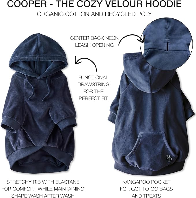 Cooper II Organic Cotton Velour Dog Hoodie Pet Coat for Small, Medium and Large Dogs, Navy, XXX-Small (up to 5lbs)