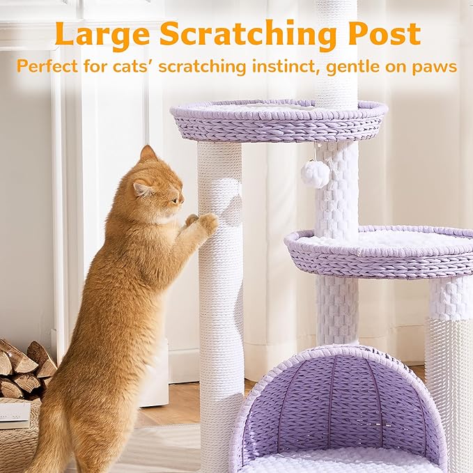 Modern Cat Tree Tower for Large Cat with Scratching Post for Indoor, 46 inch Multi-Level Cat Tower with Handwoven Beds, Cat Cave, Dangling Balls