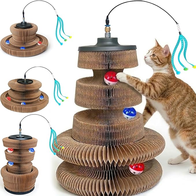 Magic Organ Cat Scratcher Toy, Kitty Curls Cat Scratcher Accordion Foldable Kurlz-Style Cat Toy with Strong Suction Cup & Metal Teaser Wand - DIY Interactive Shapes for Indoor Cats