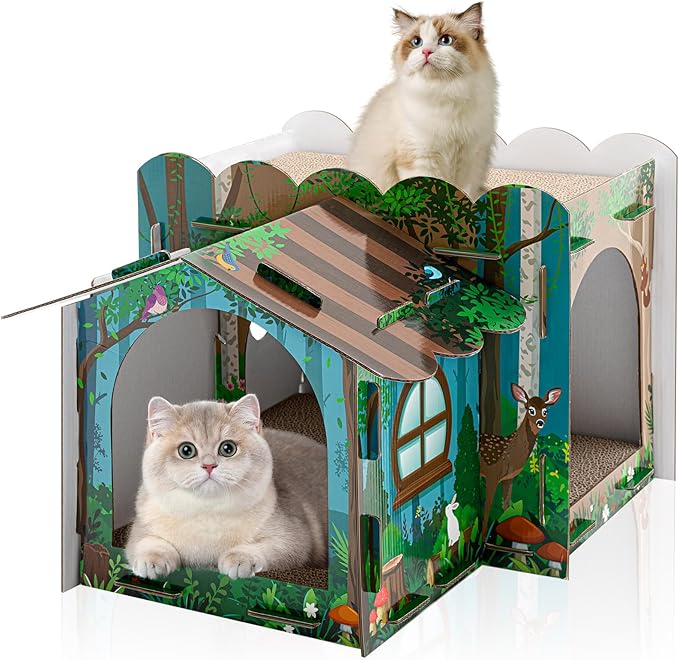 2 Story Cardboard Cat House with Scratcher Pad for Small Kitten,17x12x10 Multi Level Durable Cat Condo & Villa for Bunny Rabbit Small Animals Christmas Birthday Gift(17x12x10,Forest)