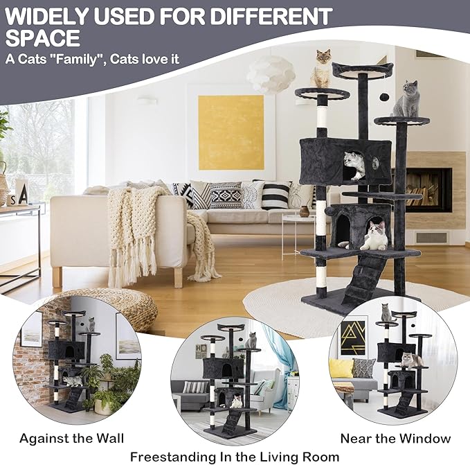 54'' Tall Multi-Level Cat Tree, Furniture With 3 Scratching Posts, 3 Stand Platforms, 2 Condos, Tower With Funny Toys, Corner Tree for Large Cats, Dark Grey