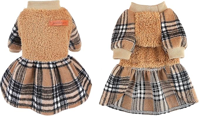 Dog Sweater Dog Winter Clothes for Small Dogs Boy Girl Fall Puppy Dress Warm Fleece Chihuahua Yorkie Teacup Doggie Sweaters Dresses for Small Dogs Girl Cat Outfits Brown Plaid, XXS