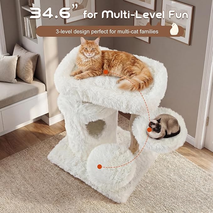 Morden Cat Tree for Indoor Cats, Aesthetic Solid Wood Cat Tree w/Natural Solid Wood Scratching Post, Boho White Cat Condo with 2 Cloud Perches, Platform
