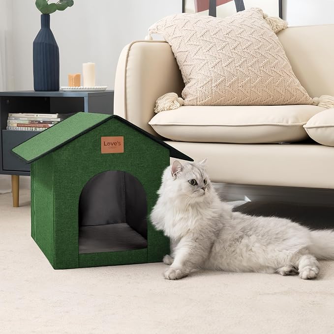 Love's cabin Outdoor Cat House Weatherproof, Insulated Feral Cat House Outdoor for Winter, Waterproof Outside House for/Indoor Cats, Shelter with Removable Soft Cushion,Green