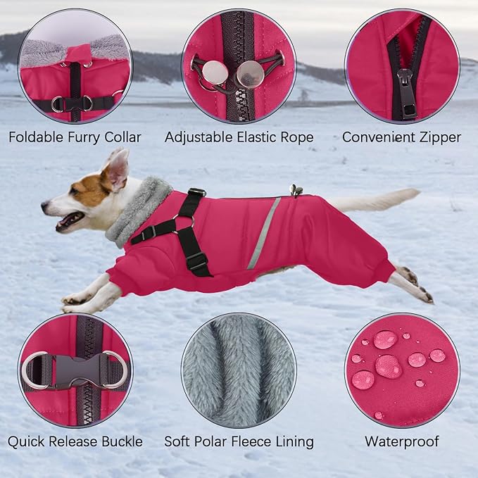 BRKURLEG Dog Winter Coat with Harness Built in, Winter Dog Jacket for Small and Medium Dogs, Small Dogs Snowsuit Reflective Windproof Cold Weather Coat, Puppy Warm 100% Polyester Coats, Hot Pink, M