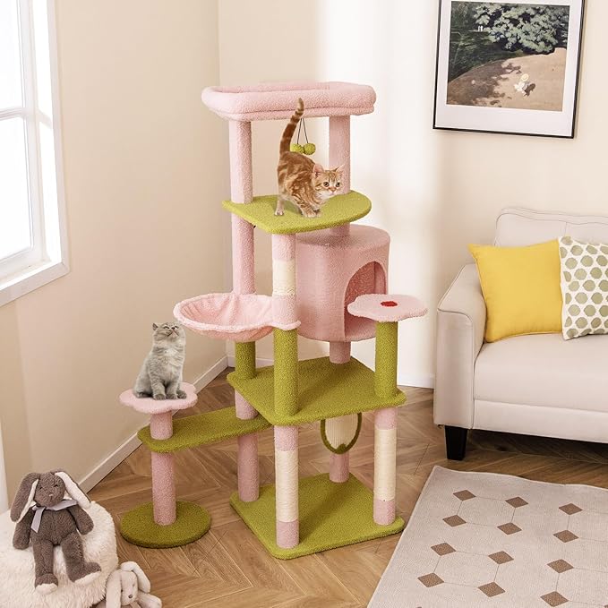 Tangkula Flower Cat Tree, 58 Inch Tall Cat Tower with Plush Padded Top Perch, Cat Condo, Hammock, Sisal Scratching Posts & Board, Dangling Balls, Indoor Pink Floral Cute Cat Tree