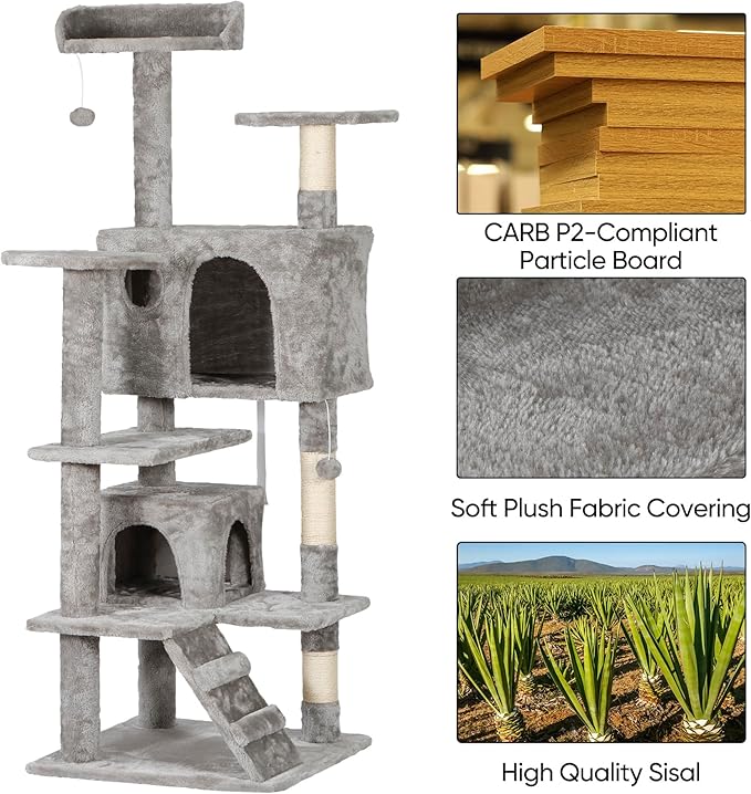 LEMY 54 Inch Cat Tree,Multi-Level Cat Tower Condo for Indoor Kittens,Light Grey Cat House with Sisal-Covered Scratching Post for Cats to Play and Sleep