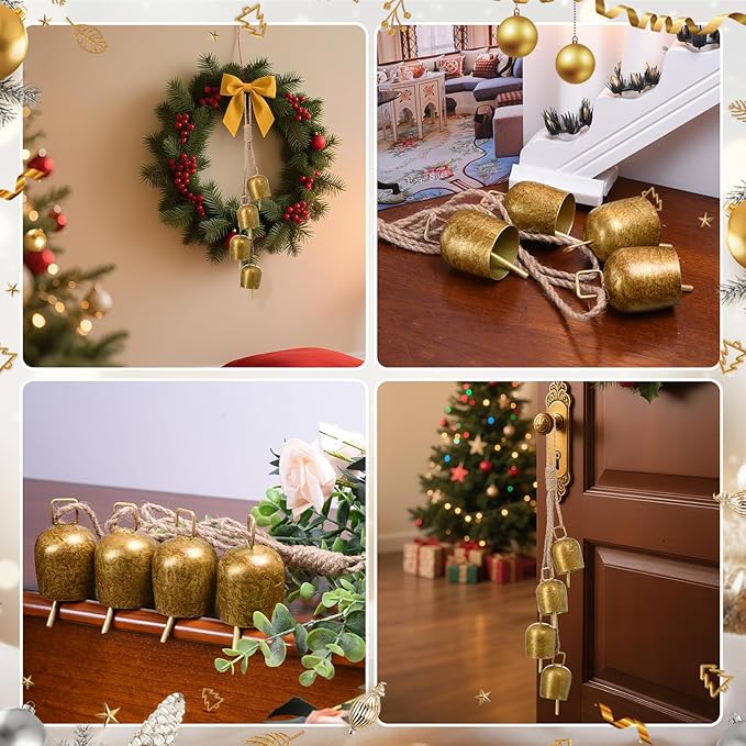 2 Pack Gold Metal Vintage Bells with Jute Hanging Rope, Decorative Cow Bell for Weddings, Parties, and Christmas Wreaths, Each 1.7W x 2.8H