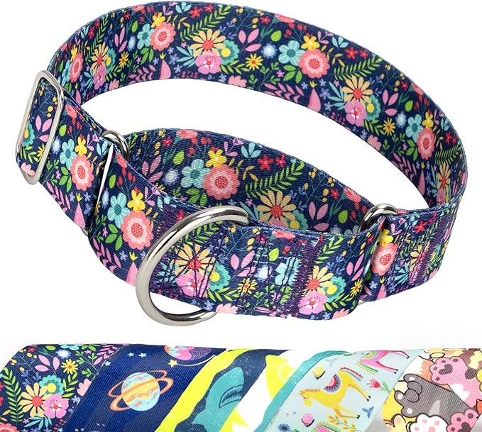 Wide 1.5 Inch Martingale Dog Collar - No Pull & Escape Proof Training Collar for Large Dogs,Adjustable Flower Pattern Thick Slip Collar (Flower,Large)
