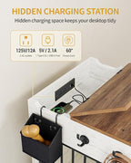 24.6'' Dog Crate Furniture with Charging Station, Dog Kennel Indoor with Flip-Top Storage, Wooden Pet Cage Dog House End Side Table for Small Dogs Anti-Chew Anti-Escape, White Brown DFC90114B