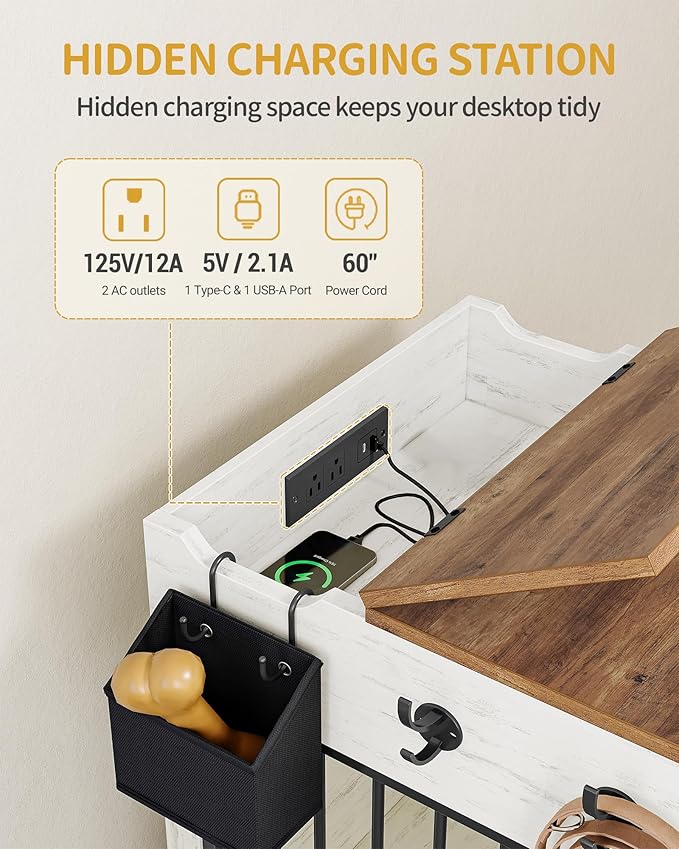 24.6'' Dog Crate Furniture with Charging Station, Dog Kennel Indoor with Flip-Top Storage, Wooden Pet Cage Dog House End Side Table for Small Dogs Anti-Chew Anti-Escape, White Brown DFC90114B