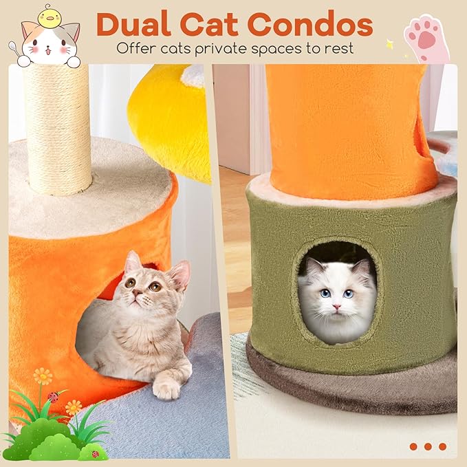 Tangkula Mushroom Cat Tree, 43 Inch Cute Cat Tower with Sisal Scratching Posts, Dual Cozy Condos, Padded Platforms, 2 Pompom Dangling Balls, Multi-Level Modern Cat Tree Tower for Indoor Cats