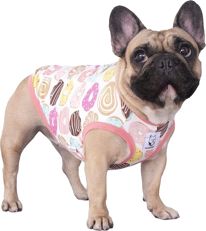 iChoue 100% Breathable Cotton English Bulldog Halloween Cartoon T Shirts Cute Clothes for Medium Large Dogs Vest Tank Tops Terrier Pitbull Donuts - XXLarge