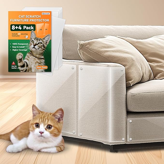 12-Pack Anti Cat Scratch Furniture Protectors,Clear Couch Protector for Cats,60 Twist Pins,Heavy Duty,Easy to Apply Scratching Deterrent and Shield for Sofa Corners,Walls,Doors