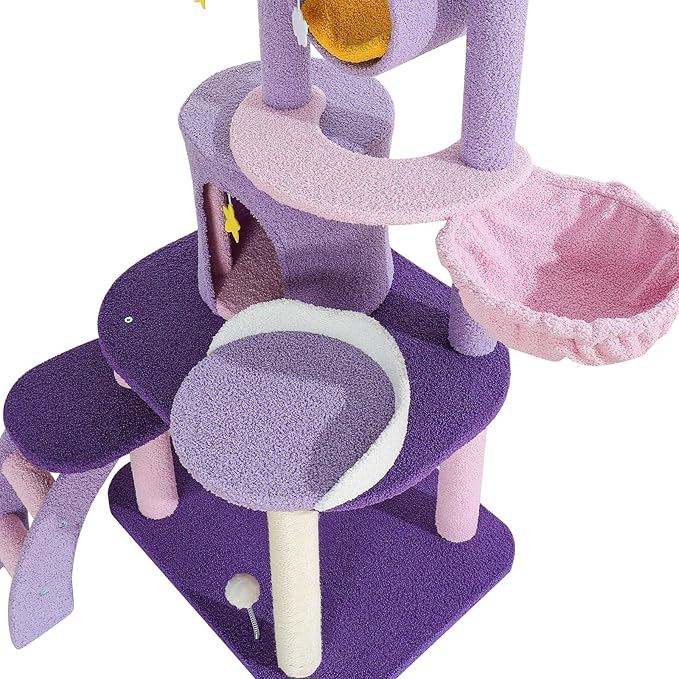 Lucky Monet Cute Cat Tower 65 Inches, Unique Cat Tree Large Tall for Indoor Cats, Purple Pink Cloud Big Cat Tree Cat Castle Mansion Condo for Large Cats Activity Trees with Scratching Post Hammock
