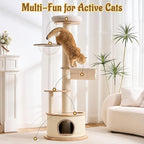 64.2" Modern Cat Tree for Indoor Cats, Solid Wood Cat Tower with Chunky Scratching Posts, 20" Roomy Condo, Cat Bed, Hammock, Capsule Nest, Interactive Squeaky Toy, Multi-Level Cat Furniture