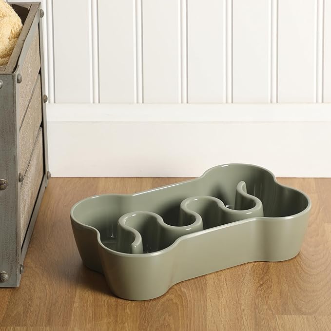 Gibson Home Curious Canines 9” Slow Feeder Dog Bowl, Bone Shaped Melamine Anti-Gulp Pet Bowl, Non-Slip, Dishwasher Safe, Green