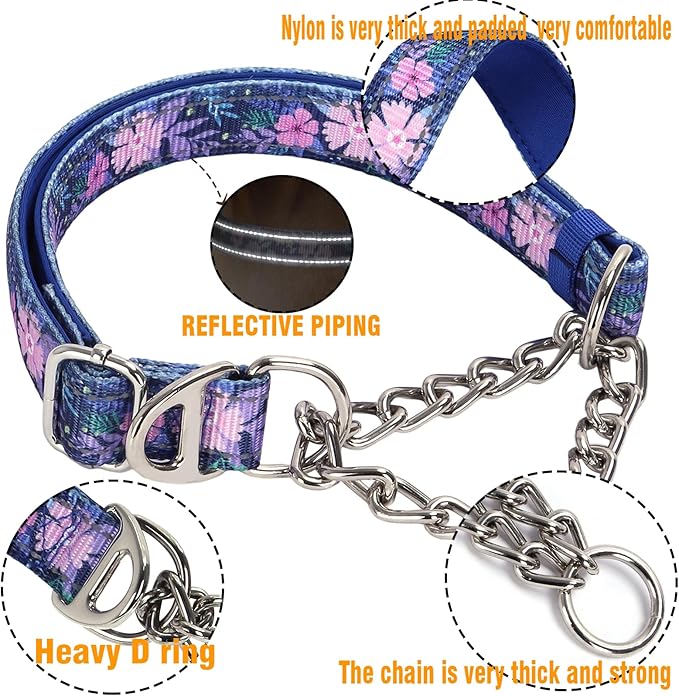 Martingale Dog Collar with Steel Chain, Reflective Choke Collar with Soft Padded- Adjustable No Pull with Bohemia Flower for Training Large Dogs Pet Collars for Walking（XL