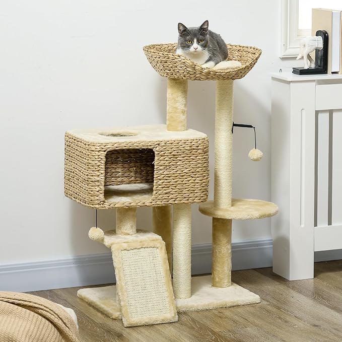 Modern Cat Tree for Indoor Cats, 38.5" Multi-Level Tower with Wicker Condo, Hammock & Scratching Posts, Beige
