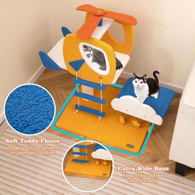 PETSITE 30-inch Aviation-Themed Cat Tree for Indoor Cats, Small Cute Cat Tree with Sisal Scratching Posts, Helicopter Top Perch, Climbing Ladder, and 3 Star-Shaped Hanging Toys