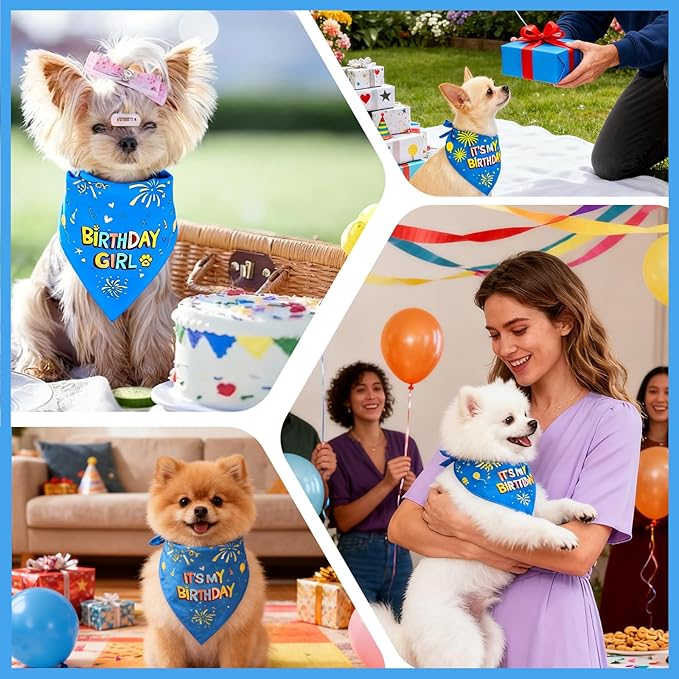 SZEE Dog Birthday Bandana, Reversible Bandanas for Dog Birthday Outfits, Pet Apparel & Accessories, Triangle Pet Scarf for Photo Prop and Holiday Decor (Small, Blue)