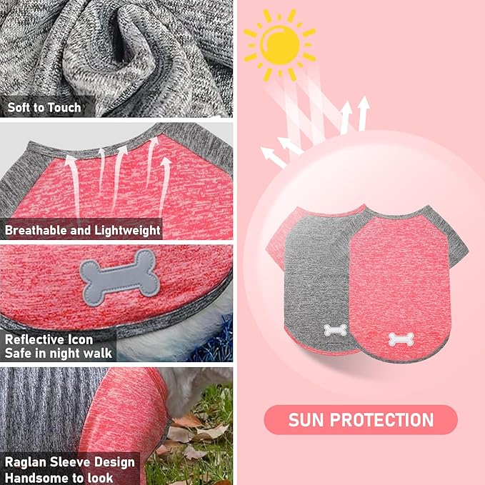 KYEESE 2Pack Dog Shirt with Sleeves, Lightweight Sun Protection Dog T Shirts for Medium Large Dogs, Breathable Pet Tank Top Reflective Dogs Clothes for Summer Outdoor Walking, Coral Red+Grey, 2XL