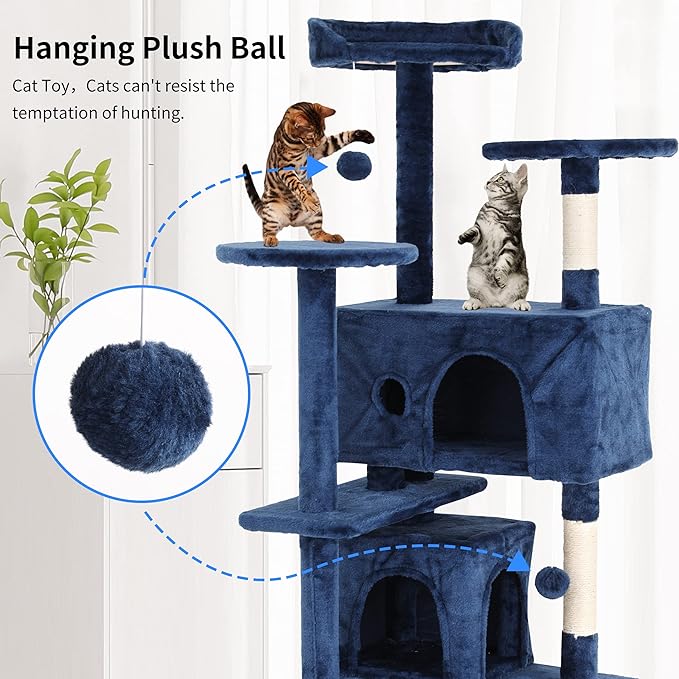 BLKMTY Cat Tree 54" Tall Cats Tower Large Cat Condo Climber Cats Climbing Stand with Top Perches Playhouse and Climbing Ladder Kitty Activity Tree w/Scratching Post Toys, Navy Blue