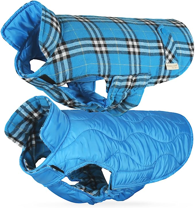 VIVAGLORY Softjoy Dog Coat, Dog Jacket for Winter & Christmas, Coat with Harness Hole, Reversible Plaid Checkered Warm Fluffy Heavy Duty for Puppy, XL, Blue